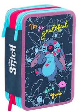 PRESTIGE & DELUXE Schüleretui Stitch blau 3 Etagen komplett + Gratis Schlüsselanhänger mit Pailletten und farbigem Stift, mehrfarbig, standard, Etui