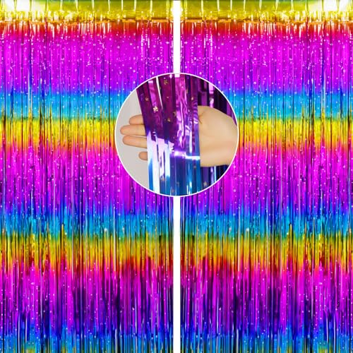 jijAcraft Lametta Vorhang Regenbogen Glitzer: Kindergeburtstag Party Bunt Foto Lametta Vorhänge Hintergrund, Folien Wand Luftschlangen Deko für Jugendweihe Rainbow Fasching Karneval Dekorations