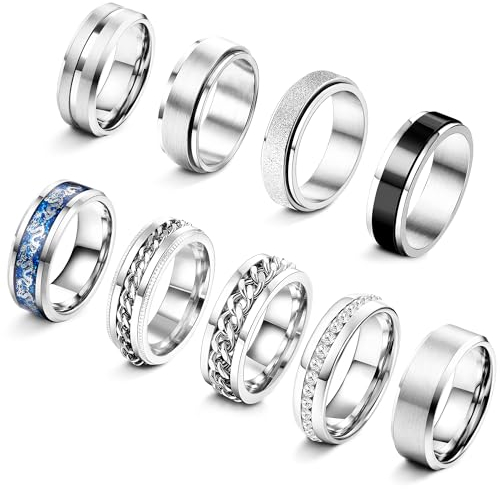 Adramata 9Pcs Edelstahl Ringe Herren Fidget Ring Spinner Ring Vintage Siegelring Cool Band Ring Männer Ehering Verlobungsring Schwarz Silber Ringe Set Anxiety Ring für Herren Damen Schmuck