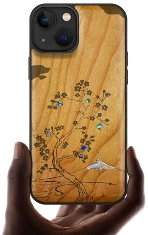 Carveit Coque Magnétique pour iPhone 13 Étui de TPU, Gravure en Bois et Incrustation de Coquille Cover Compatible Magsafe avec 13 Coque (Cerise-Fleur de Cerisier)