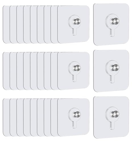 JCUGSBS 30 Piezas Ganchos Adhesivos para Pared,Cuelga Facil Cuadros sin Clavos, Colgar Cuadros sin Agujeros, Colgadores para Cuadros para Fotos, Pinturas (Transparente)