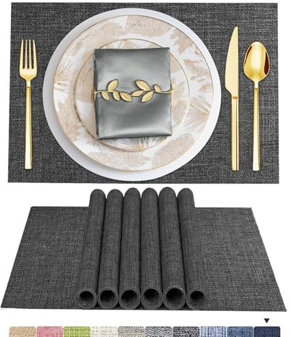 ARTAND Tovagliette Americane Lavabili Set di 6 Colazione Sottopiatti Plastica Intrecciato Tovaglietta Personalizzate - Set di 6, 02 Grigio Scuro