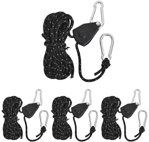 Disnace 4 Pezzi Cricchetto di Corda con Tenditore Regolabile, Appendere Ratchet, Ganci a Cricchetto a Corda, Corda per Tenda Riflettente da 4m x4 mm, Corda Da Campeggio Leggera, Carrucola da Campeggio