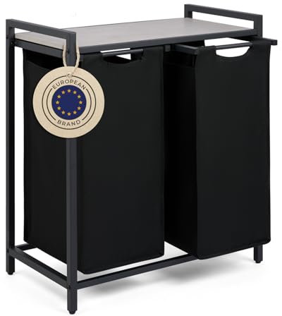 Blumtal Wäschesammler 2 Fächer Schwarz - Wäschekorb mit Ablage in Beton-Optik - Wäscheschrank mit Metall-Rahmen in Schwarz - Wäschekorb mit Beinen - Wäschesortierer 2 Fächer/Schmutzwäschebehälter