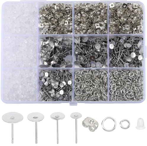 SOFPLATE 1 scatola 1800 pezzi Kit per La Creazione di Orecchini A Bottone In Acciaio Inossidabile Perni e Schienali per Orecchini Ipoallergenici 4mm 5mm 6mm 8mm Perni per Orecchini A Bottone Piatti Ac