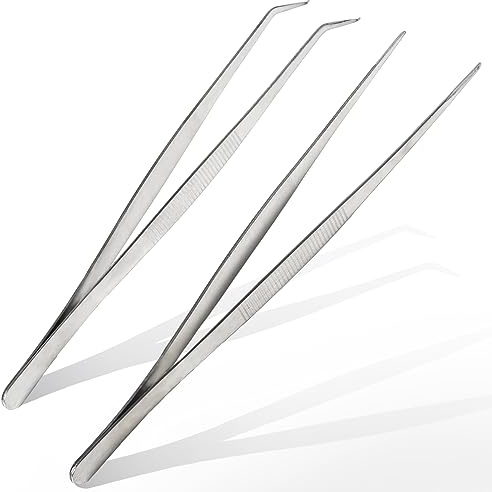 2 Pinzas curvas, 25 cm, pinzas manualidades, profesionales, antideslizantes, largas, rectas, acero inoxidable, pinzas anguladas para mascotas acuáticas, corales, manualidades, cocina, reparación