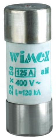 Fusible cilíndrico 22x58 mm, 400V 125A, industrial y civil, uso AM, protección contra corrientes de arranque, sobrecargas, motores, transformadores, en cerámica, esteatita, Potencia de interrupción