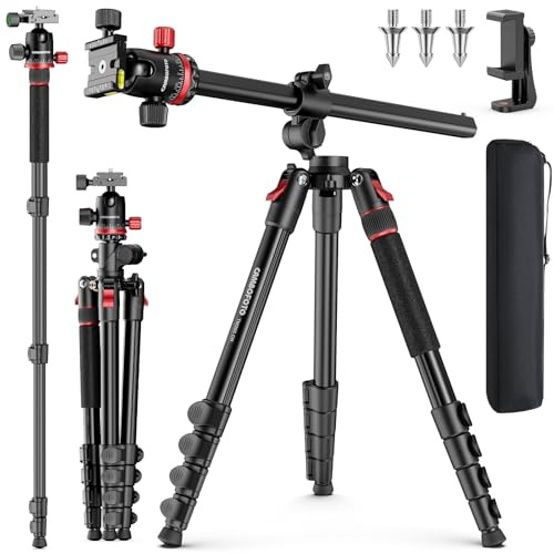 CAMBOFOTO Kamera stativ mit Auslegearm,165cm Handy Stativ,Stativ für Smartphone mit Tragetasche und Handyhalterung,Aluminium Reisestativ mit 360° Kugelkopf,Für Kamera/DSLR/Camcorder/Smartphone