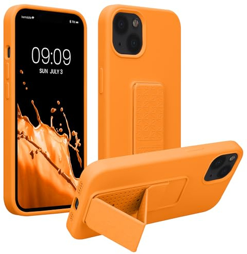 kwmobile Case for Apple iPhone 13 Case - Soft TPU Cover with Silicone Coating - With Hand Strap and Stand Function - Shockproof - Fruity Orange