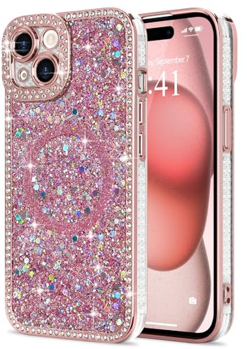 Lafunda Coque Compatible avec iPhone 15 Diamant Scintillant Rose | Glitter Magnétique Coque Compatible avec MagSafe, Antichoc Brillant Paillette Housse Étui de Protection pour Femme Fille