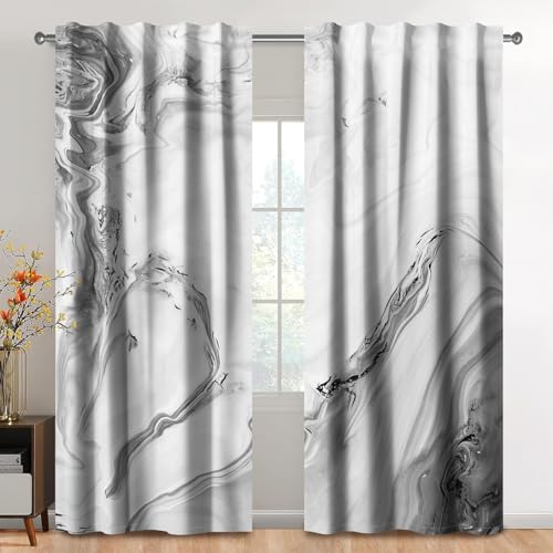 Kzzfqxb 107x160cm Vorhänge mit Stangentasche 2 Paneele, Moderne Hellgraue Milchige Wasserströmung Marmor Muster Fenstervorhänge, Modisches Künstlerisches Dekor für Schlafzimmer und Wohnzimmer