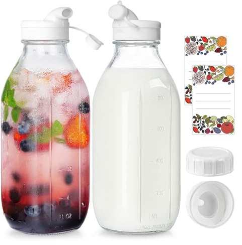 Veftsvy 2er Set Milchflaschen, 1L Glasflaschen, Glas-Milchflaschen mit Ausgießer, Milchbehälter für Kühlschrank, Flaschen Vorratsglas, Saftflaschen mit 2 Skalenmarkierung