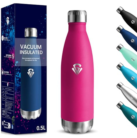 Gourde, 500 ml Sans BPA, Gourde Isotherme, 18/8 Acier Inoxydable, Bouteille Metal, Isolation Sous Vide à Double Paroi, Bouteille Acier Inoxydable pour École, Voyage - Rose-rouge