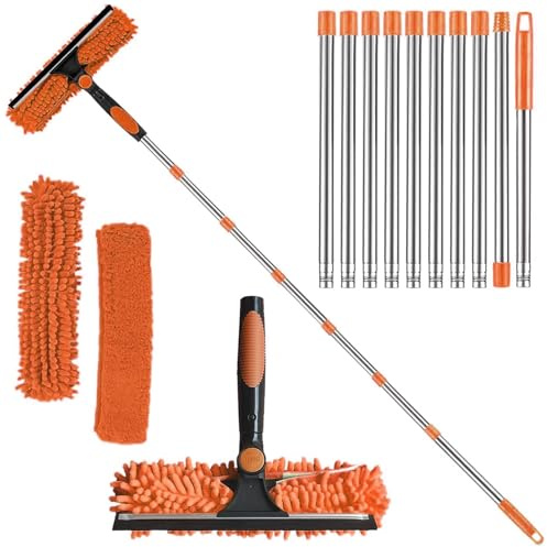 4.5M Window Squeegee Cleaner Tool Kit with Long Handle, 2 in 1 Extendable Window Cleaning Kit with Squeegee and Microfiber Cloth for Indoor/Outdoor High Window, Wall and Car (Orange)