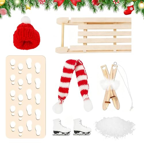 Wichtel Zubehör, Miniatur Weihnachten Wichtel Mütze Schal Skischuhe Schlitten Holz Skier Schnee Fußabdrücke, Wichtel Schlitten Set, für Wichteltür Deko 1:12 Puppenhaus Geschenke