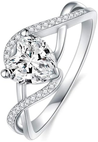 Rikelus 9 Karat massives Weißgold Verlobungsring für Frauen, 375/9ct Echtgold Teilt Schaft Pavé-Fassung 1 Karat Herzförmig Moissanit Ehering, Hochzeit Jubiläum Ring Größe 49–64 mm