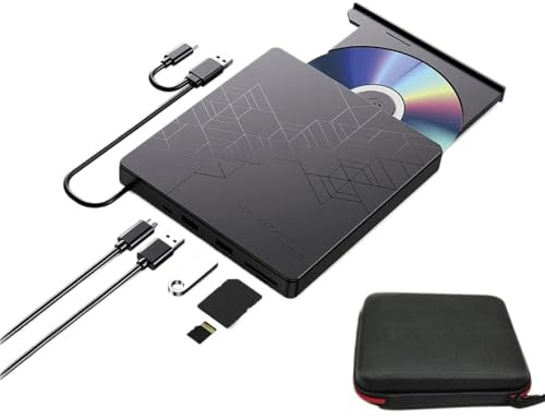 TIEOAXFT 5 in 1External DVD CD Drive for Laptop PC Windows11 10 Mac CD/DVD -/+RW Optical Drives with Storage Bag DVD Burner Reader Player