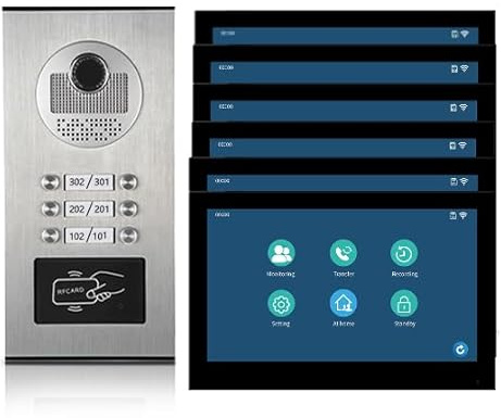 WiFi 10inch Touchscreen Monitor with Wired 1080P Doorbell,Wired Apartment Video Door Intercom System with 2/3/4/6/8/10/12 Units,3 in 1 Unlocking,Motion Detect,Two-Way Intercom (bell+6 monitor)