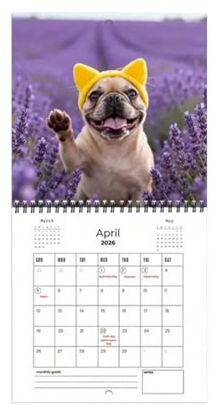 Calendario 2026 de 12 meses | Bloques semanales diarios rayados | Calendarios de pared de bulldog francés, planificador 2026 – para oficina, hogar, escuela, agenda académica, planificación familiar