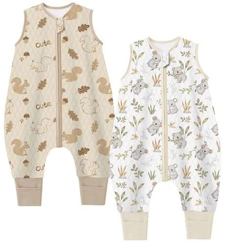 Chilsuessy Baby Ganzjahres Schlafsack mit Füßen 1.5 Tog 2er Pack Kleinkind Schlafsack mit Beinen Baumwolle, 1.5 Tog/Eichhörnchen + Koala, 100cm/Baby Höhe 110-120cm