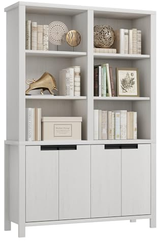 IDEALHOUSE 70.7 Tall Bookshelf w/ Doors & Adjustable Shelf, 5-Tier Double Wide Bookcase with Cabinet and Double Storage, Farmhouse Wooden Book Shelf for Living Room (White, 11.8D x 47.2W x 70.7H)