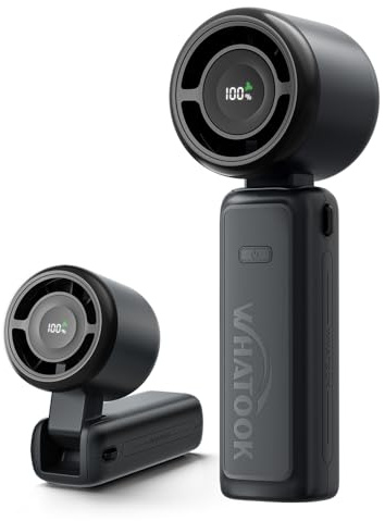 WHATOOK Mini Ventilador Portátil Plegable 180°, 5 Velocidades Negro | Ventilador portátil plegable 180° con 5 velocidades, 4000 mAh, flujo de 9 m/s, pantalla LED y hasta 12 h de autonomía