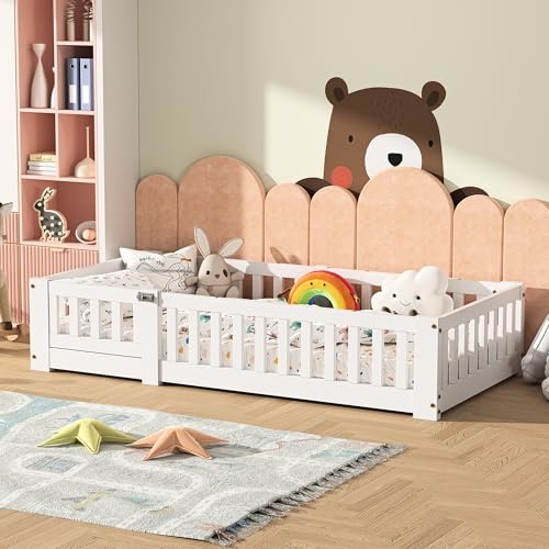 Bodenbett 120x200 cm, Montessori Bett mit Zaun und Tür, Kinderbett 120x200 mit Rausfallschutz und Lattenrost, Holzbett Einzelbett für Kinder,Jugendbett Massivholz Gitterbett Kinder Bett,Weiß