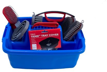 Red Gorilla Horse Grooming Kit 9 Piece Equestrian Care Gift Set 4 Brushes Sweat Scraper Curry Comb Hoof Pick Red Tray and Waterproof Cover (Blue)