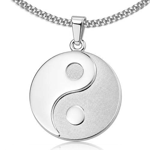 CLEVER SCHMUCK Yin Yang Kette Silber für Damen & Herren 23 mm schlicht matt glänzend + Panzerkette 50 cm 925 Sterling Silber 925 im Etui creme