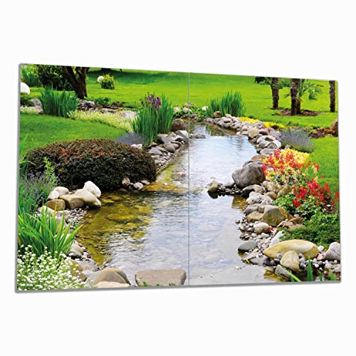 Wallario Herdabdeckplatte/Spritzschutz aus Glas, 2-teilig, 80x52cm, für Ceran- und Induktionsherde, Blumen am Teich