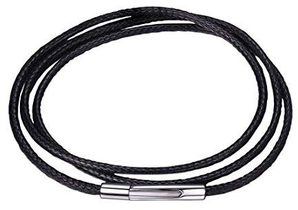 U7 Black Leather Cord Necklace with Stainless Steel Clasp, Men Women 2mm Wide Woven Wax Rope Chain for Pendant, Length 16 Inch