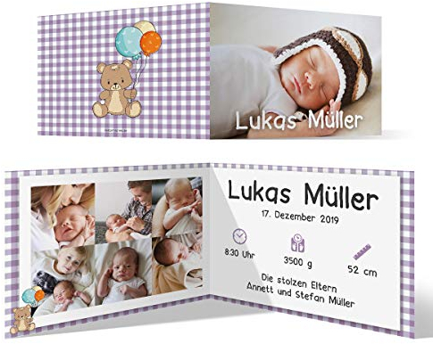 40 x Geburt Danksagungskarten Geburtskarten individuell mit Foto und Text für Mädchen und Jungen - Lila Karo