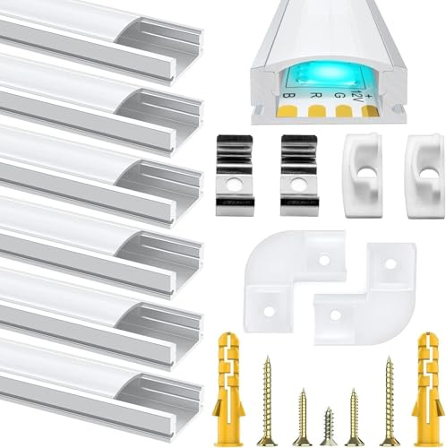 Chesbung LED Aluminium Profil 6er Set 1m U-Form für LED Streifen bis 12mm mit Abdeckung in Milchweiß + Endkappen und Montagematerial