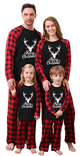 ZOEREA Weihnachten Familie Schlafanzug Outfit Elch Rotes Kariertes Nachtwäsche Herren Damen Kiner Baby Lang Pyjamas Set Unisex Baby 18-24 Monate