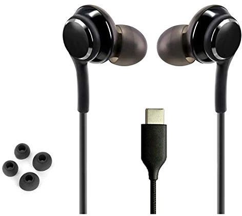 ElloGear Stereohörlurar för Samsung Galaxy Note 10, Note 10+, Galaxy S10, S9 Plus, S10e DJ Tuned, flätad kabel med mikrofon och volymkontroll, typ C-kontakt, svart
