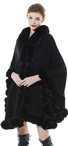 BEAUTELICATE Cappotto a Maglia Mantella Poncho in Pelliccia Sintetica Scialle con Collo Donna Stola Cardigan per Festa Matrimonio Invernale Sposa (Nero, Taglia Unica)