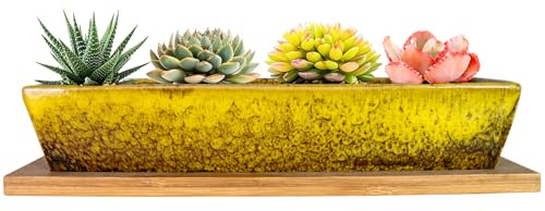 ARTKETTY Pots de fleurs en céramique de 25 cm pour plantes grasses succulentes, pots de fleurs rectangulaires modernes avec plateau, bac à fenêtre peu profond avec drainage pour décoration d'intérieur