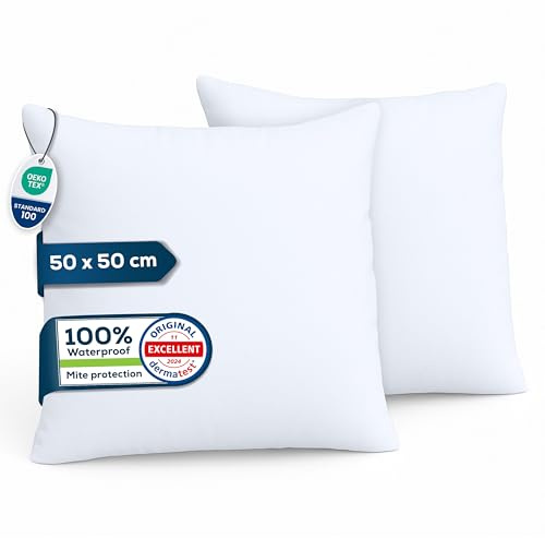 Sensalou 2er Set Kissenbezug Wasserdicht 50x50 cm - Weißer Kissenschoner | Atmungsaktiver Kopfkissenbezug mit Reißverschluss, idealer Milbenschutz für Allergiker, Oeko-Tex Zertifiziert & Waschbar