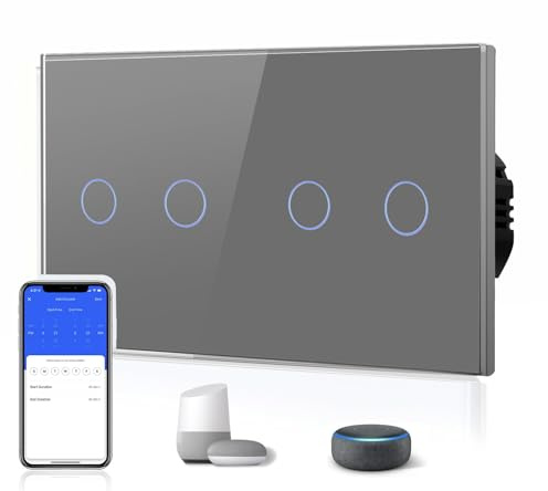 BSEED Doble WiFi Interruptor 2 Gang 1 Way (Se Necesita Línea Neutral) Alexa/Tuya/Smart Life Compatible, Glass Panel 157 * 86 Interruptor de luz de pared Gris