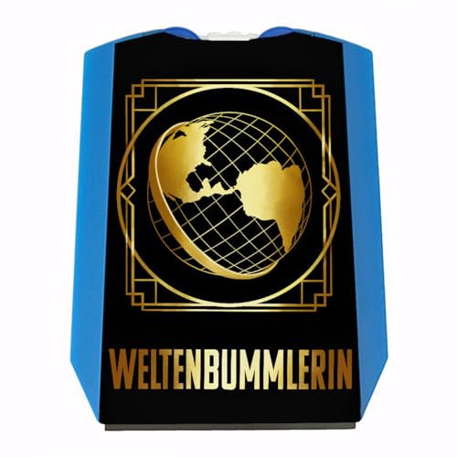 speecheese Weltenbummlerin Parkscheibe mit goldenem Globus und Reisemotiv schöne StVO-konforme Parkscheibe mit Einkaufswagenchips als Geschenk für Vielreisende mit Weltkarte als Motiv
