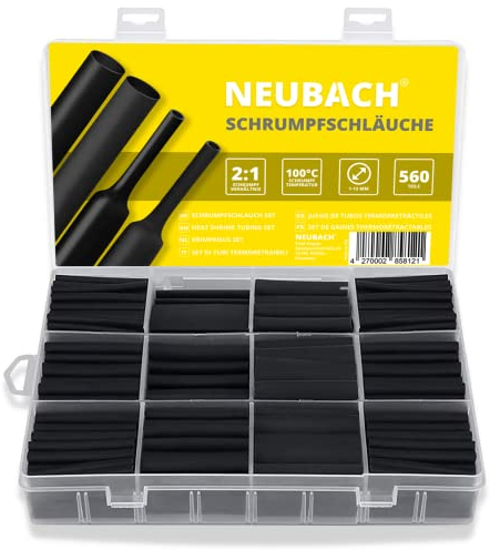 NEUBACH® Schrumpfschlauch Set - Mit 12 Größen zwischen 1-13mm Ø I Insgesamt 560 Schrumpfschläuche I Da wasserabweisend & Bruch resistent, perfekter Schrumpfschlauch