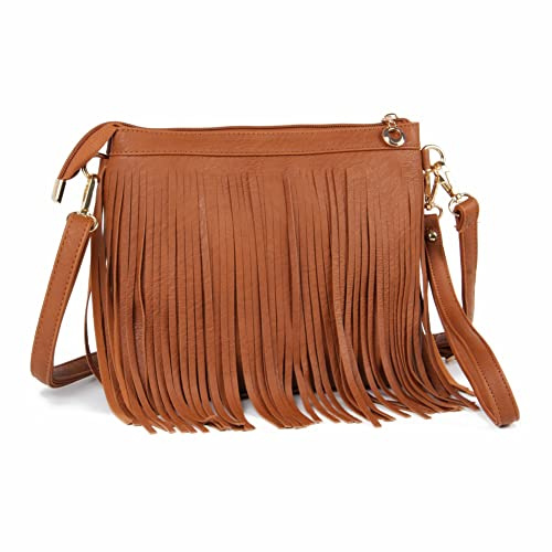 Fecialy Bolsos Cruzados de Cuero con Flecos para Mujer Bolso de Hombro Bolsos de Mensajero con Correas para la muñeca