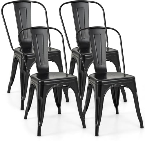 TANGZON Set of 4 Metal Dining Chairs, Stackable Industrial Kitchen Chairs with Slatted Backrest, Steel Side Chairs with Ventilated Seat and Rubber Foot Pads for Dining Room, Kitchen, Cafe, Restauran