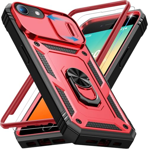 Giyer für iPhone SE 2022/2020 8 7 Hülle mit Schutzfolie, Handyhülle für iPhone 8 mit Kameraschutz 360° Metall Ring Ständer Stoßfest Bumper Schutzhülle für iPhone SE Case Cover Tache (Rot)