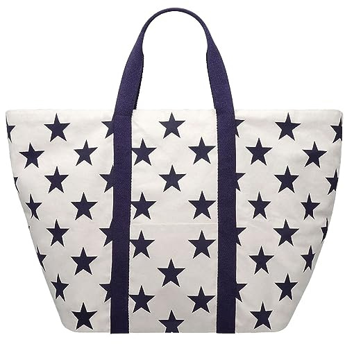 Strandtasche XXL Stars – extragroße maritime Badetasche für Familien, Baumwoll-Canvas, Sternenmuster, Kordelzug Verschluss – Shopper Tasche, Tote Bag, Weekender