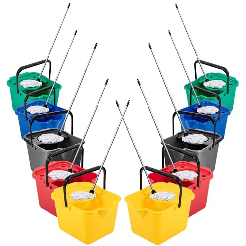 Red, Green, Yellow, Blue & Metallic 12 Litre Cotton Mop & Bucket | Hard Floor Cleaning Set With Wringer & Pouring Lip