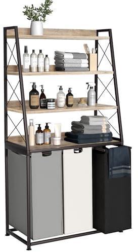 Herture Laundry Basket, 3 Section Laundry Hamper with 4 Tiers Shelf, Pull-Out and Removable Laundry Bags, Large 3 x 15.87 Gallons, for Laundry Room Bathroom Greige PF05XLZ