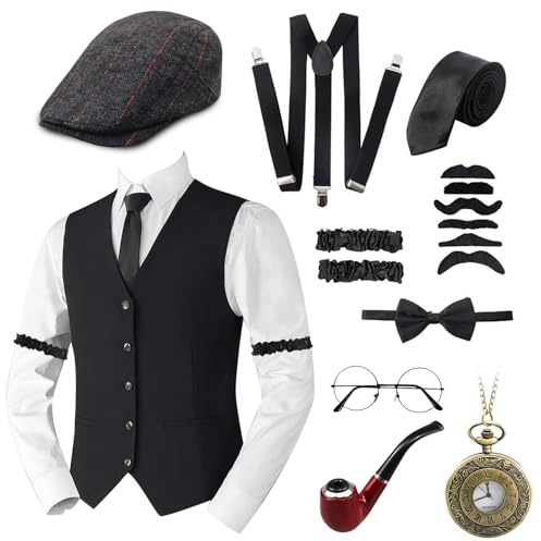 Okabay 1920s Gatsby Fancy Dress Accessories Set, Costume Kit with sleeves, beard, pipe，Waistcoat,Hat, Bow Tie, Pocket Watch, Suspender, Glasses