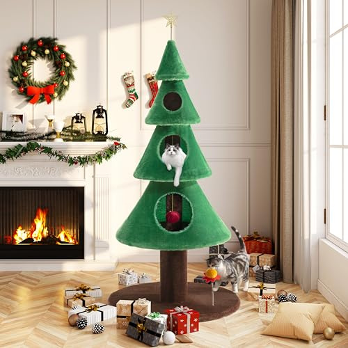 Allewie Árbol para gatos de 63 pulgadas para interior con 3 condos, decoración de fiesta de árbol de Navidad de 5 pies, centro de actividades para gatos, casa de juegos y camas, verde