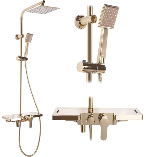 Rea Duschsystem Bravo Gold Duschset Duscharmatur mit Duschkopf und Kopfbrause aus Messing Duschgarnitur für Badezimmer (gold)